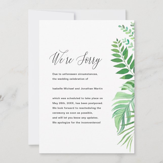 Simple Leaves Wedding Postponement Announcement (Front)