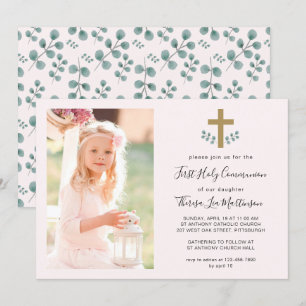 Simple Leaves with Cross Holy Communion Photo Invitation