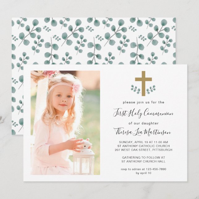 Simple Leaves with Cross Holy Communion Photo Invitation (Front/Back)