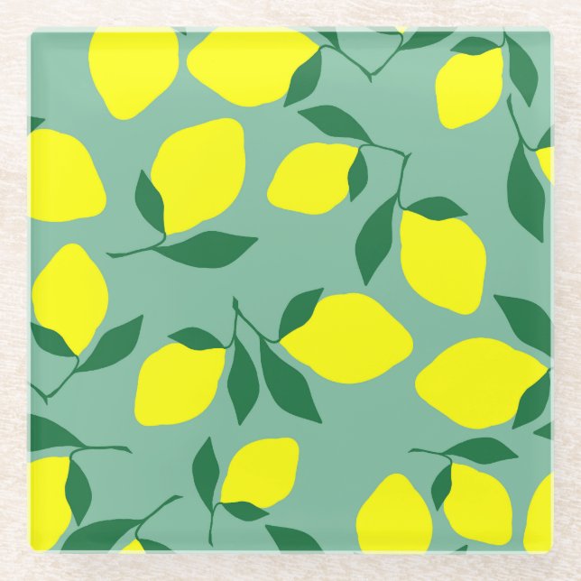 Simple Lemon, Green Background Print. Glass Coaster (Front)