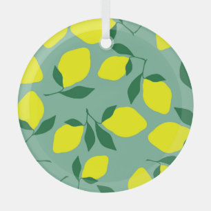 Simple Lemon, Green Background Print. Glass Ornament