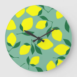 Simple Lemon, Green Background Print. Large Clock