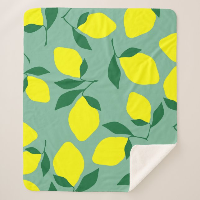 Simple Lemon, Green Background Print. Sherpa Blanket (Front)