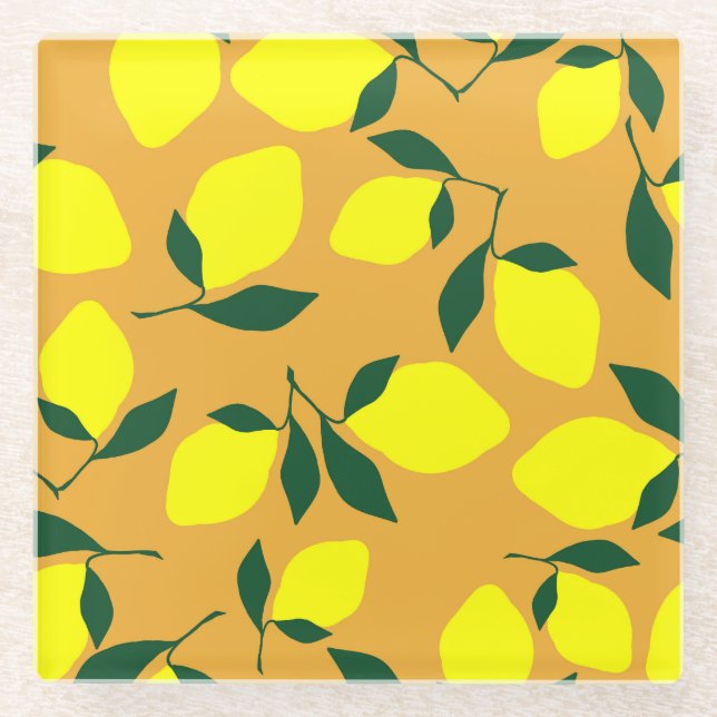 Simple lemon pattern, orange background. glass coaster (Front)
