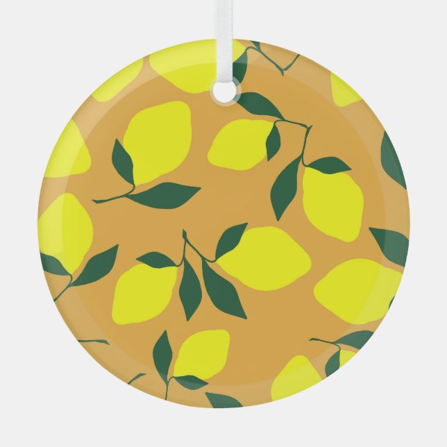 Simple lemon pattern, orange background. glass ornament (Front)