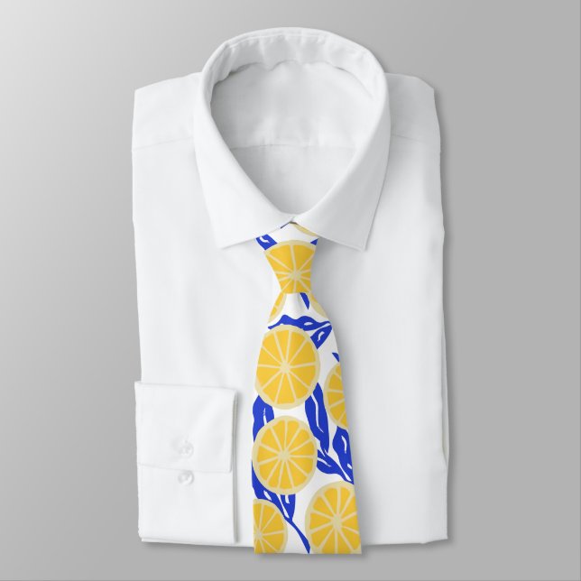 Simple Lemon Slices Pattern Blue Botanical Tie (Tied)