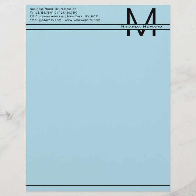 Simple Light Blue Minimalist Monogram Letterhead (Front)