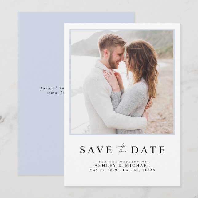 Simple Light Blue Modern Script Photo Wedding Save The Date (Front/Back)
