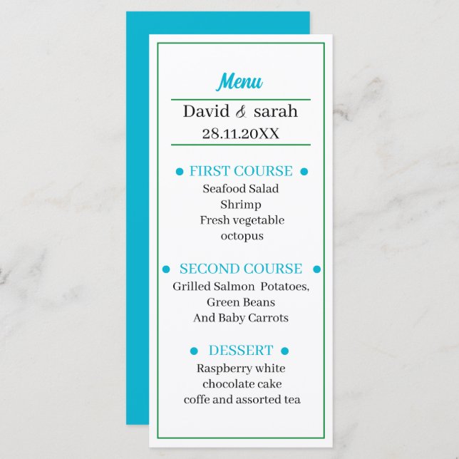 Simple Light Blue Personalized Wedding Dinner Menu (Front/Back)