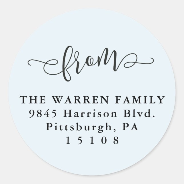 Simple light blue script return address classic round sticker (Front)