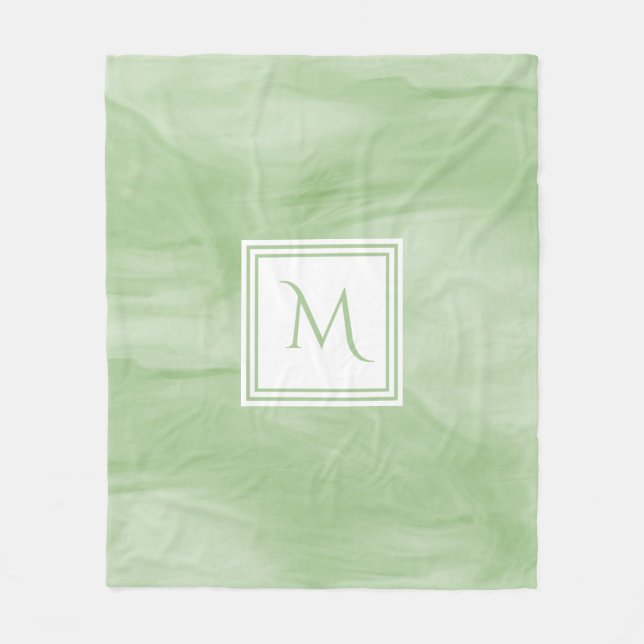 Simple Light Green Subtle Marble Modern Monogram Fleece Blanket (Front)