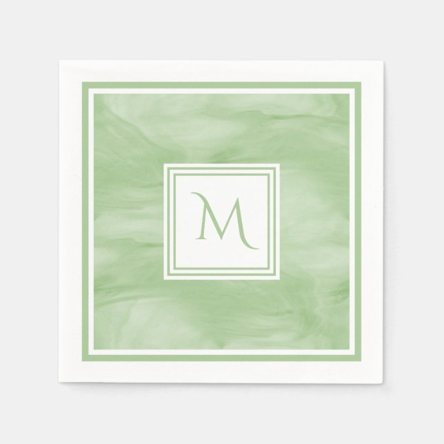 Simple Light Green Subtle Marble Modern Monogram Napkin (Front)