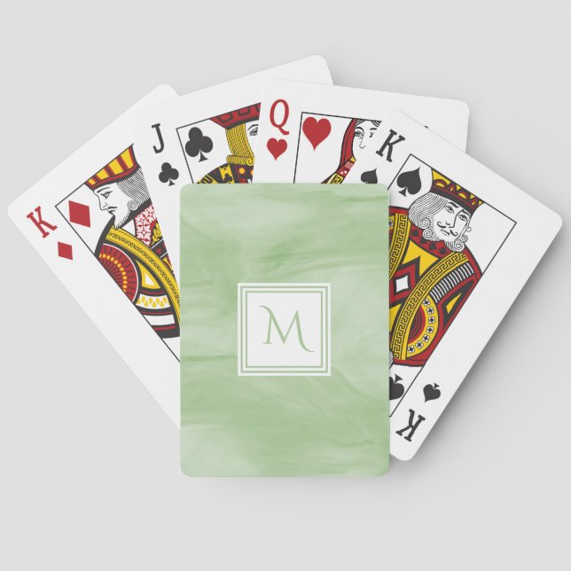 Simple Light Green Subtle Marble Modern Monogram Playing Cards (Back)