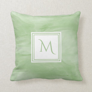 Simple Light Green Subtle Marble Modern Monogram Throw Pillow