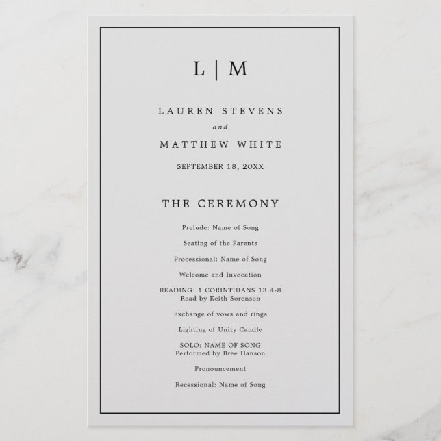 Simple Light Grey Monogram Elegant Wedding Program (Front)