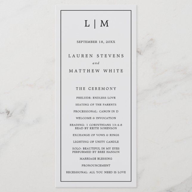Simple Light Grey Monogram Elegant Wedding Program (Front)