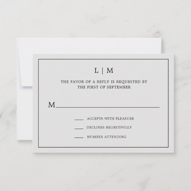 Simple Light Grey Monogram Elegant Wedding RSVP Card (Front)