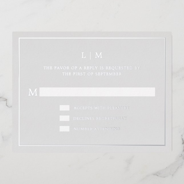 Simple Light Grey Monogram Elegant Wedding RSVP Foil Invitation Postcard (Front)