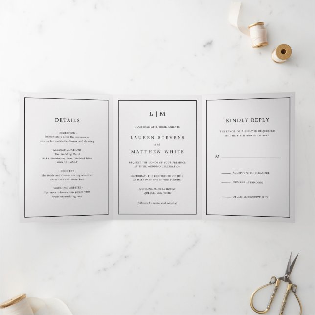 Simple Light Grey Monogram Elegant Wedding Tri-Fold Invitation (Inside)