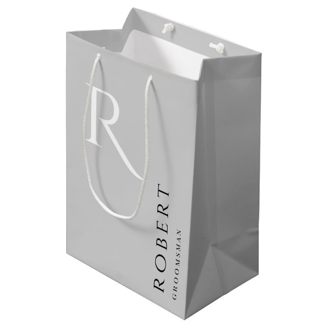 Simple Light Grey Monogram Personalized Groomsmen Medium Gift Bag (Front Angled)