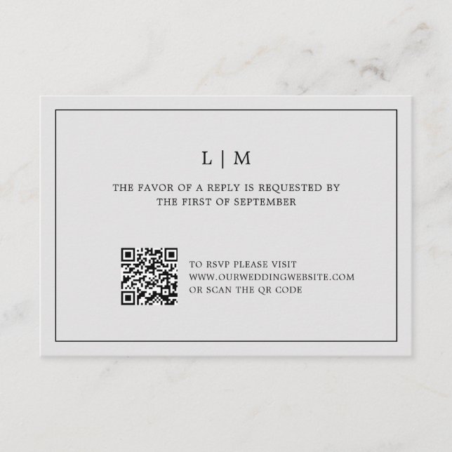 Simple Light Grey Monogram QR Code Elegant Wedding RSVP Card (Front)