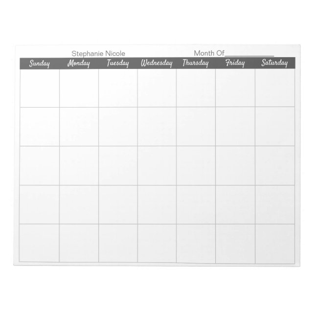 Simple Light Grey Thin Border Name Monthly Planner Notepad (Front)