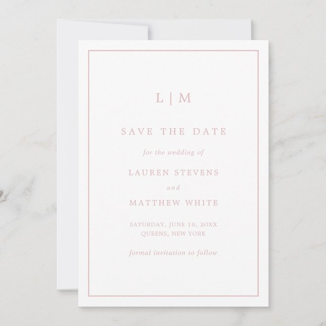 Simple Light Pink Monogram Elegant Wedding Save The Date (Front)