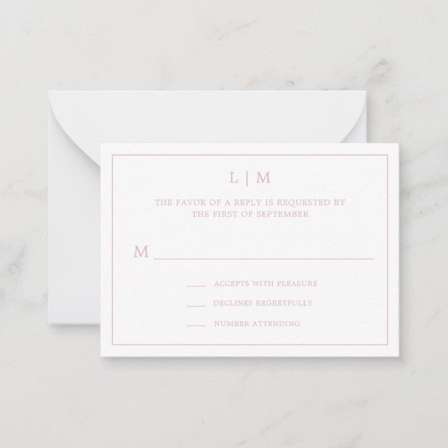 Simple Light Pink Monogram Mini Wedding RSVP Card (Front)