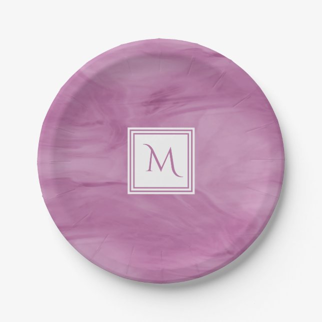 Simple Light Purple Subtle Marble Modern Monogram Paper Plate (Front)