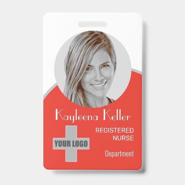 Simple Light Red Nurse Circle Photo Logo Barcode Badge (Front)