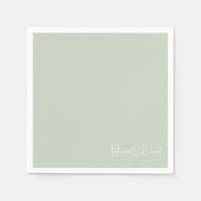 Simple Light Sage White Text Wedding Cocktail  Napkin (Front)