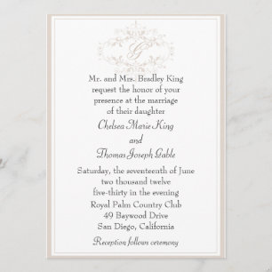 Simple Light Tan Monogram Wedding Invitation