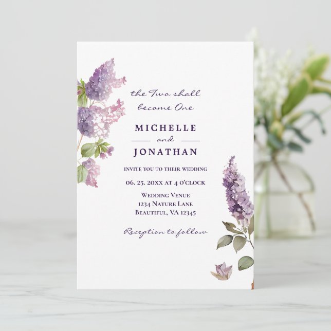 Simple Lilac Flowers Greenery Christian Wedding Invitation (Standing Front)