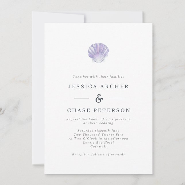 Simple Lilac Seashell Beach Wedding Invitation (Front)
