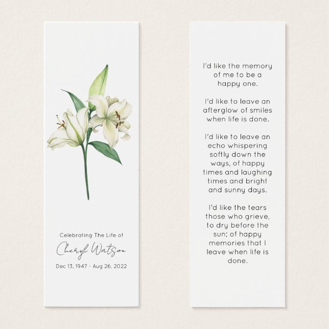 Simple Lily Funeral Memorial Bookmark (Front & Back)