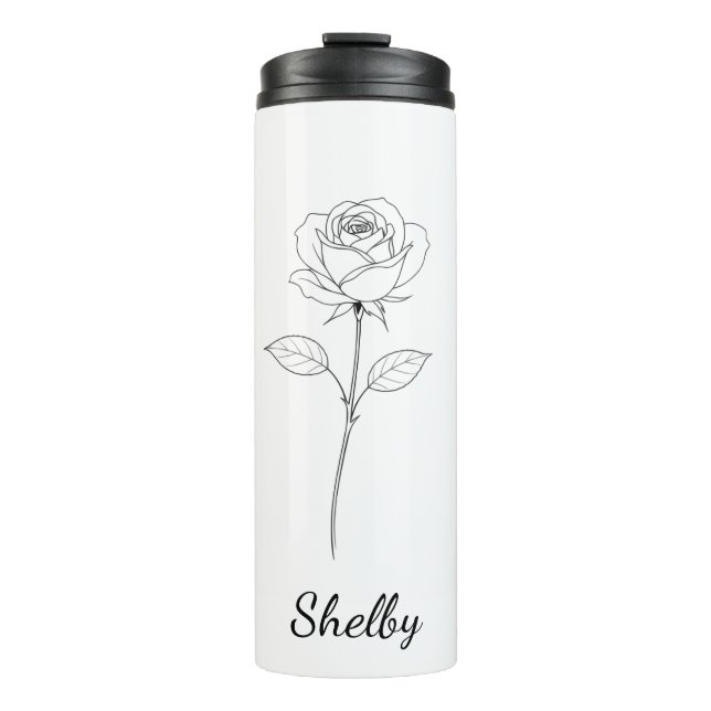 Simple Line Art Rose Custom Name Thermal Tumbler (Front)