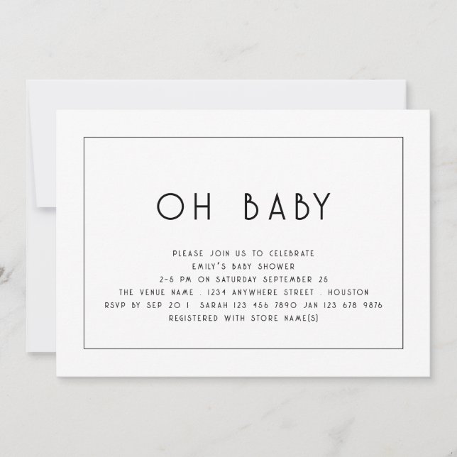 Simple Line Border Black White Oh Baby Shower Invitation (Front)