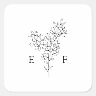 Simple Line Cherry Blossom Wreath Monogram Wedding Square Sticker