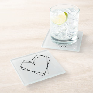 Simple Line Heart Double Black White Glass Coaster