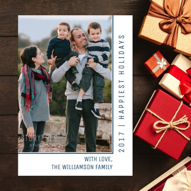 Simple Line Holiday Photo Card | Blue (Blue Simple Line Holiday Photo Card)