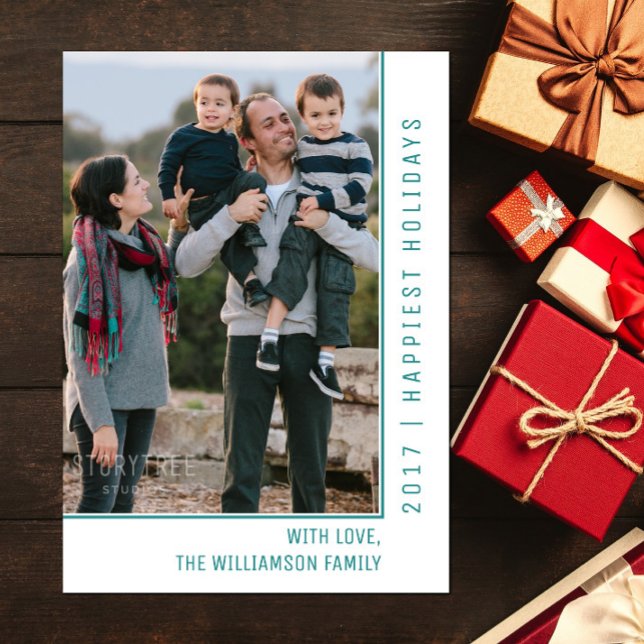 Simple Line Holiday Photo Card | Teal (Teal Simple Line Holiday Photo Card)