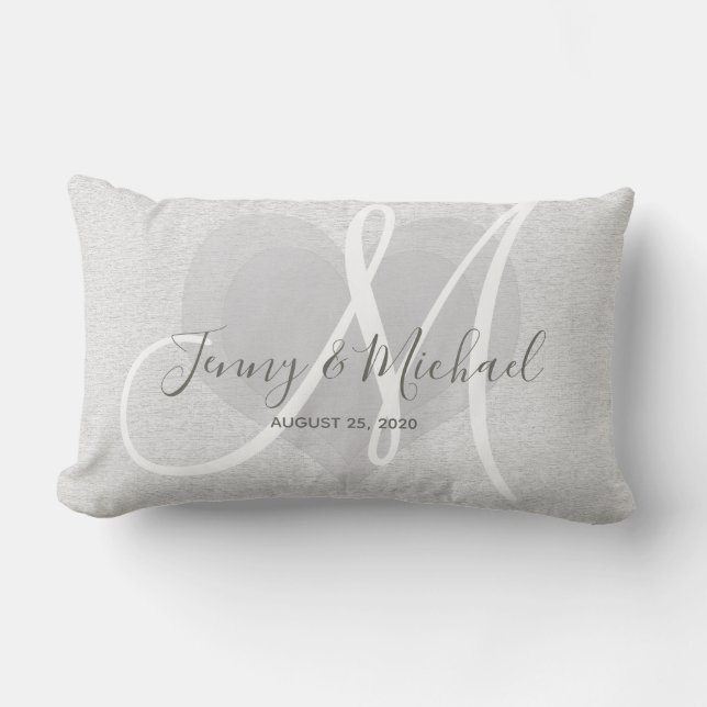 Simple Linen Look with White Monogram and Heart Lumbar Pillow (Front)
