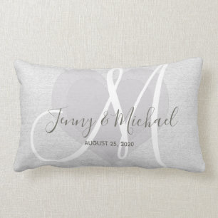 Simple Linen Look with White Monogram and Heart Lumbar Pillow