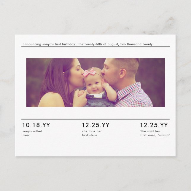Simple Lines Baby's Milestones Photo Announcement Postcard (Front)