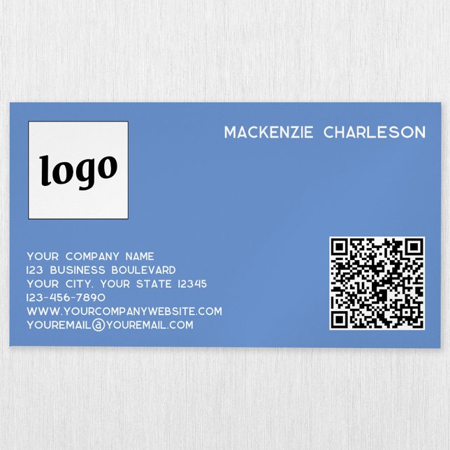 Simple Logo and QR Code Blue Magnetic Business Card (Logo QR code custom blue business card magnet)