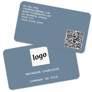 Simple Logo and QR Code Dusty Blue Grey Business Card