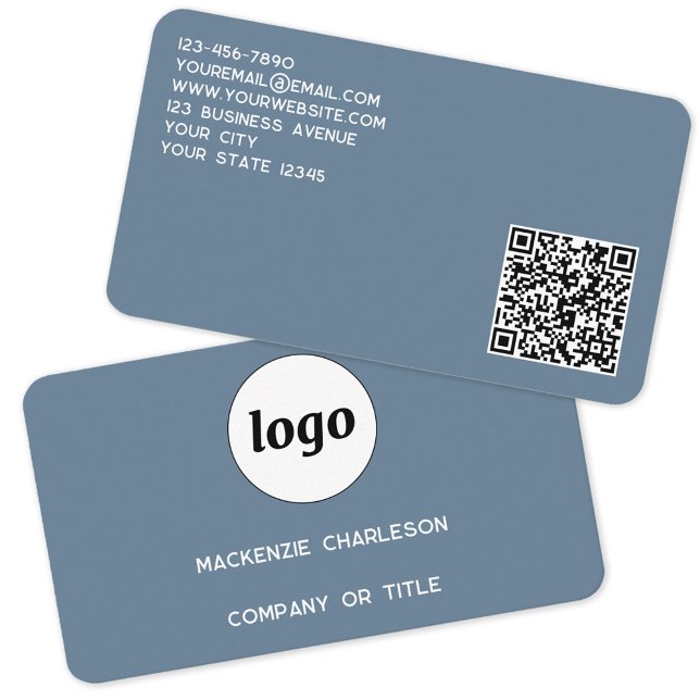Simple Logo and QR Code Dusty Blue Grey Business Card (Logo with QR code custom text blue gray professional business card)