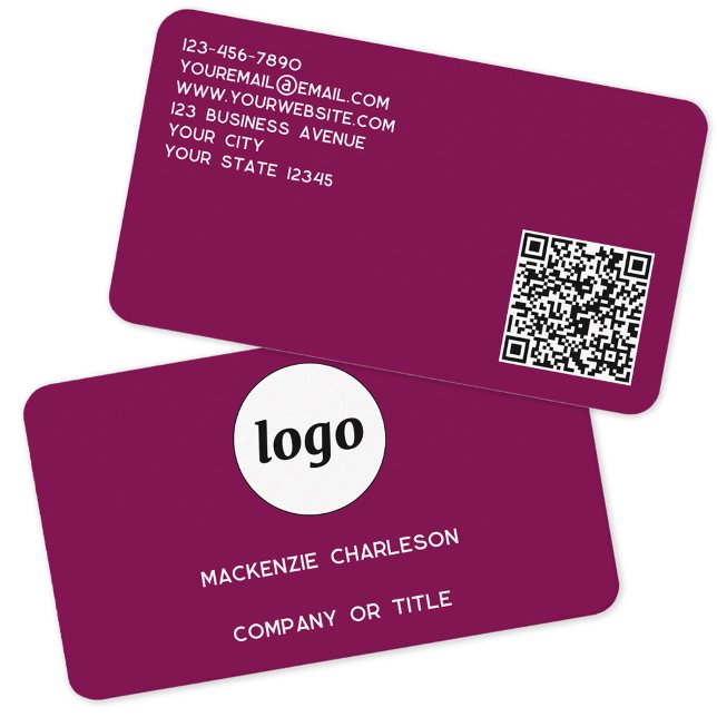 Simple Logo and QR Code Magenta Cherry Pink Business Card (Simple logo QR code custom text professional branding promotional business card dark magenta pink)