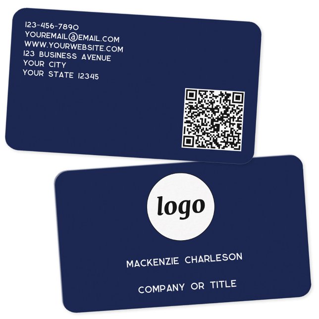Simple Logo and QR Code Navy Blue Business Card (Logo with QR code and custom text navy blue professional business card)