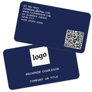 Simple Logo and QR Code Navy Blue Business Card